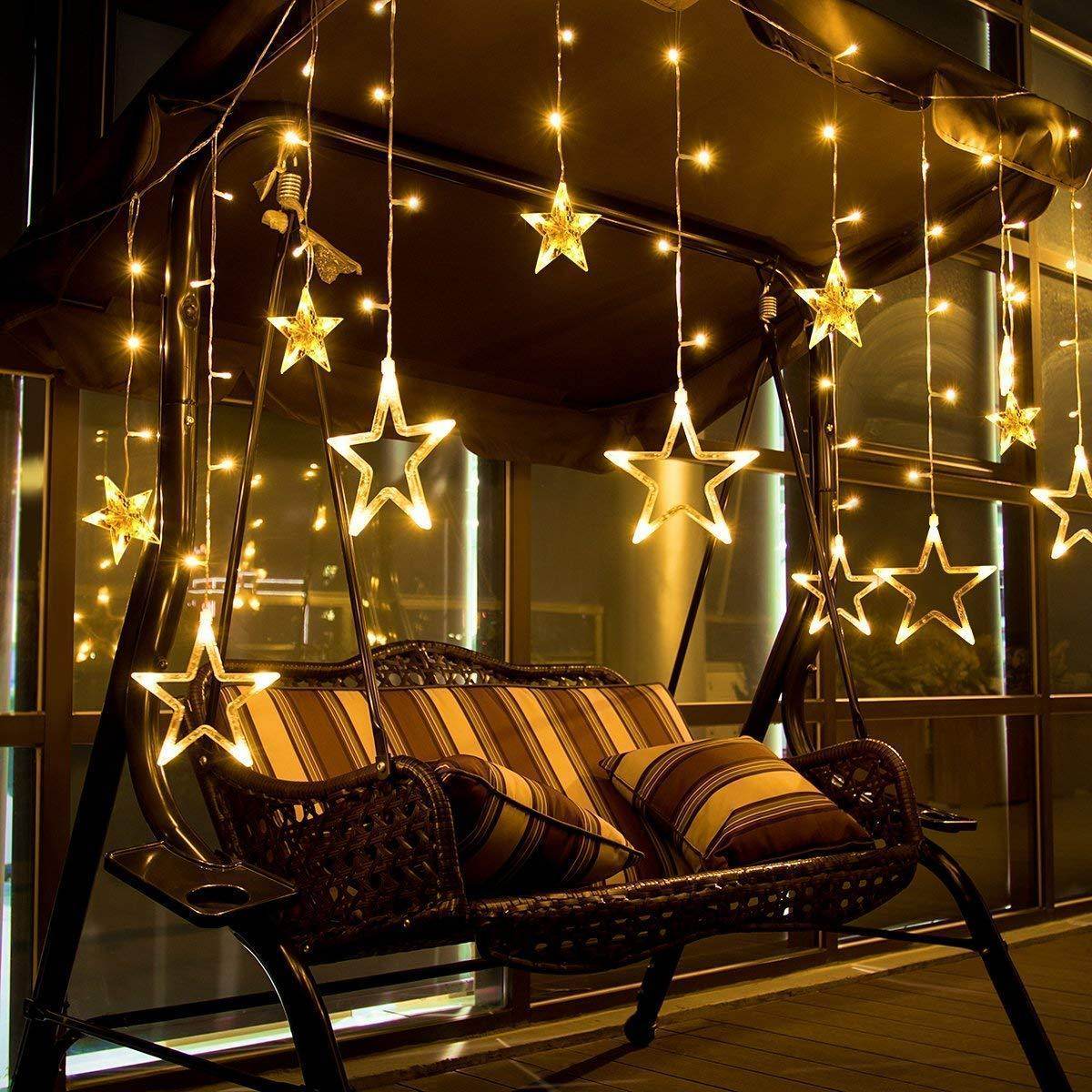 12 Star Curtain String Decorative Led Lights with 4 Meter (1 Curtain) 114 Led, (6+6 Star,Warm White,Corded electric,Plastic,Corner)