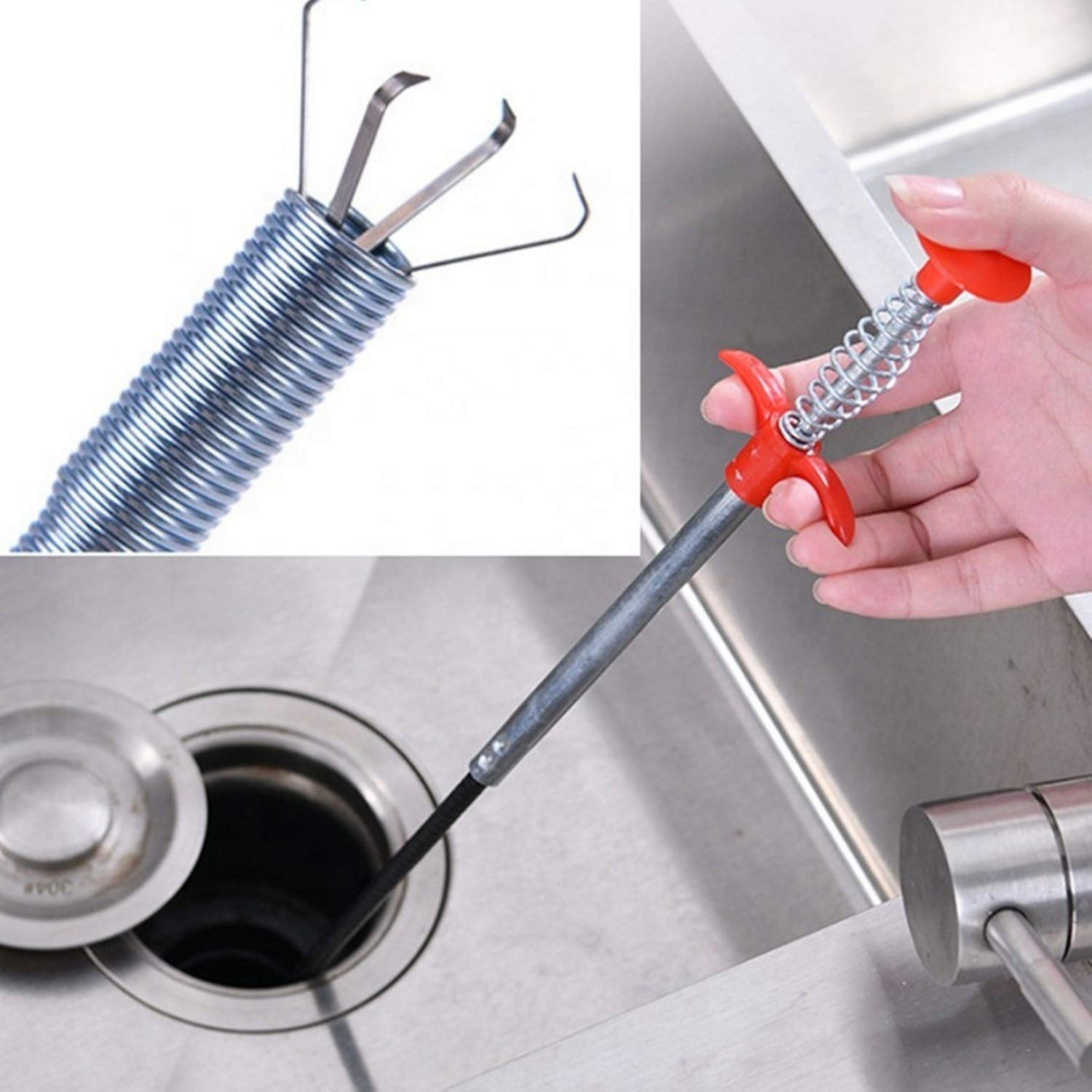Stainless Steel Hair Catching Claw Drain Cleaner Tool, 5ft Spring Wire Dredge Stick for Kitchen and Bathroom