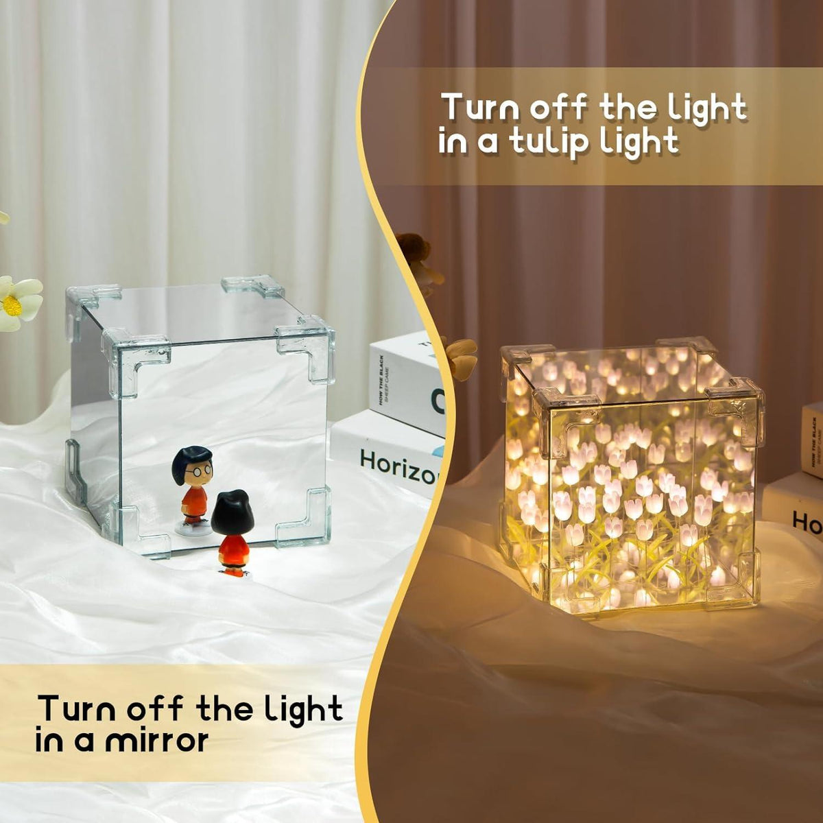 GARDINO Infinity Mirror Tulip Cube LED Lamp - 20 LED Flower Lights, Dual-Purpose Tabletop & Mirror Decor