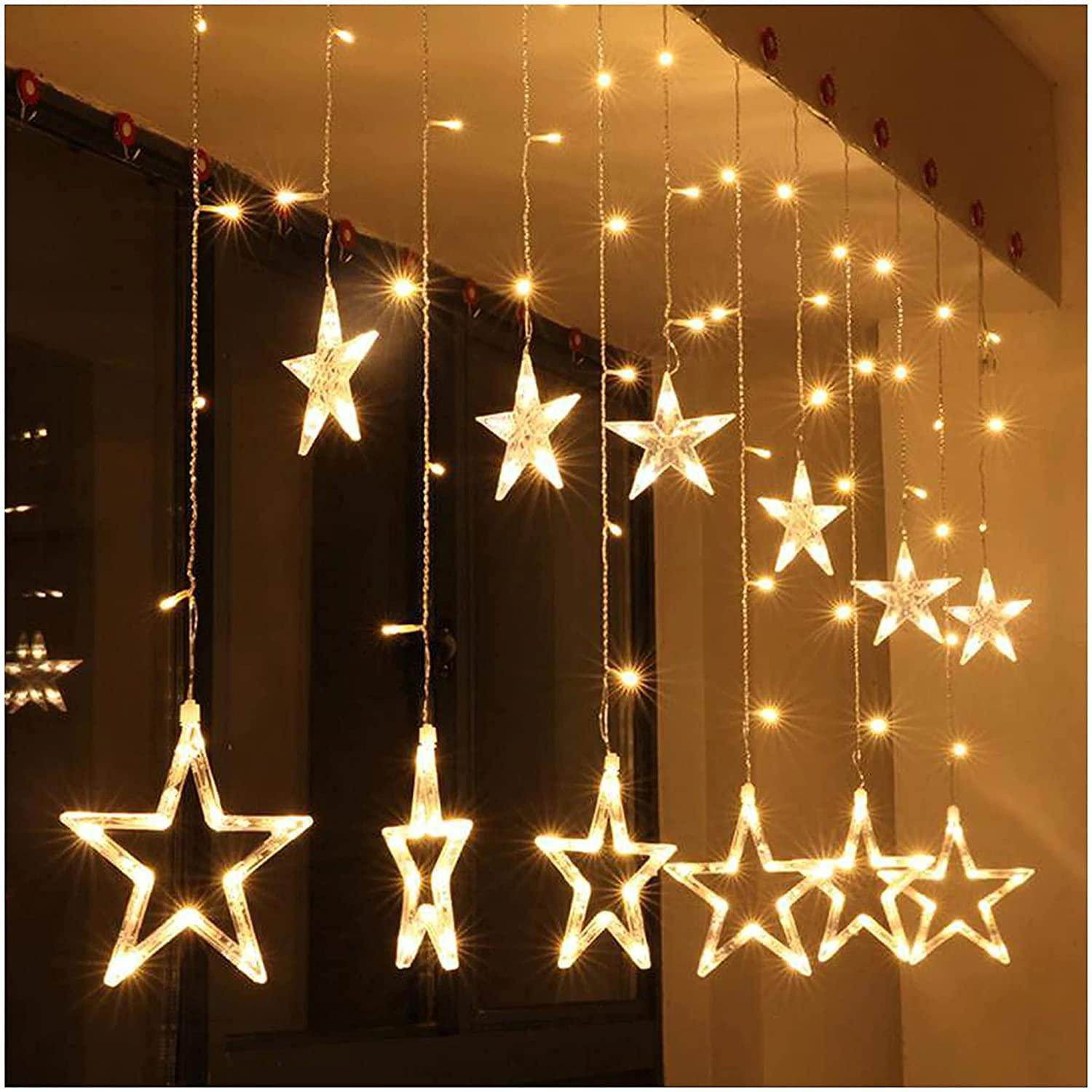12 Star Curtain String Decorative Led Lights with 4 Meter (1 Curtain) 114 Led, (6+6 Star,Warm White,Corded electric,Plastic,Corner)