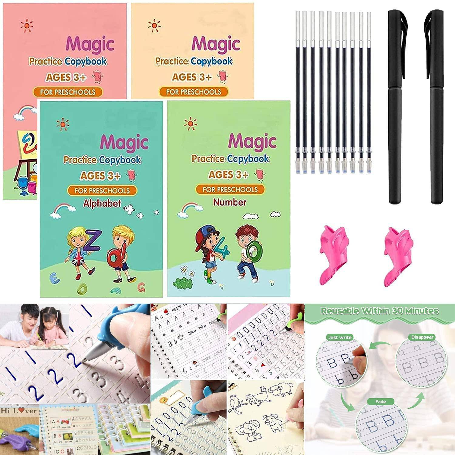 Sank Magic Practice Copybook (4 BOOKS+10 REFILL+1Pen+1Grip) Number Tracing Book for Preschoolers with Pen, Magic Calligraphy Copybook Set Practical Reusable Writing Tool Simple Hand Lettering