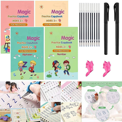 Sank Magic Practice Copybook (4 BOOKS+10 REFILL+1Pen+1Grip) Number Tracing Book for Preschoolers with Pen, Magic Calligraphy Copybook Set Practical Reusable Writing Tool Simple Hand Lettering