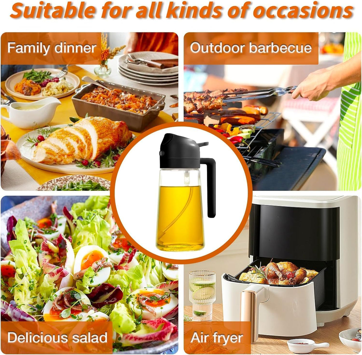 2-in-1 Glass Oil Sprayer and Dispenser Bottle with Premium Nozzle – Multi-Color Oil Dispenser and Sprayer (500 ML)