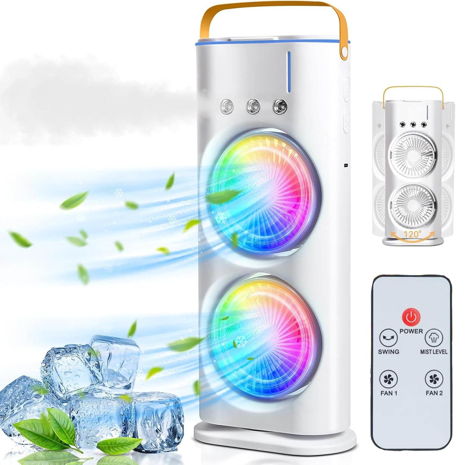 Double-Ended Spray cooler – USB Rechargeable, 3-Speed Oscillating Fan with Remote, LED Light & Ice Cooling 4000mAh