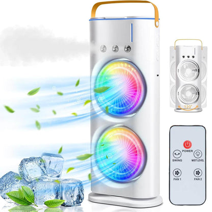 Double-Ended Spray cooler – USB Rechargeable, 3-Speed Oscillating Fan with Remote, LED Light & Ice Cooling 4000mAh