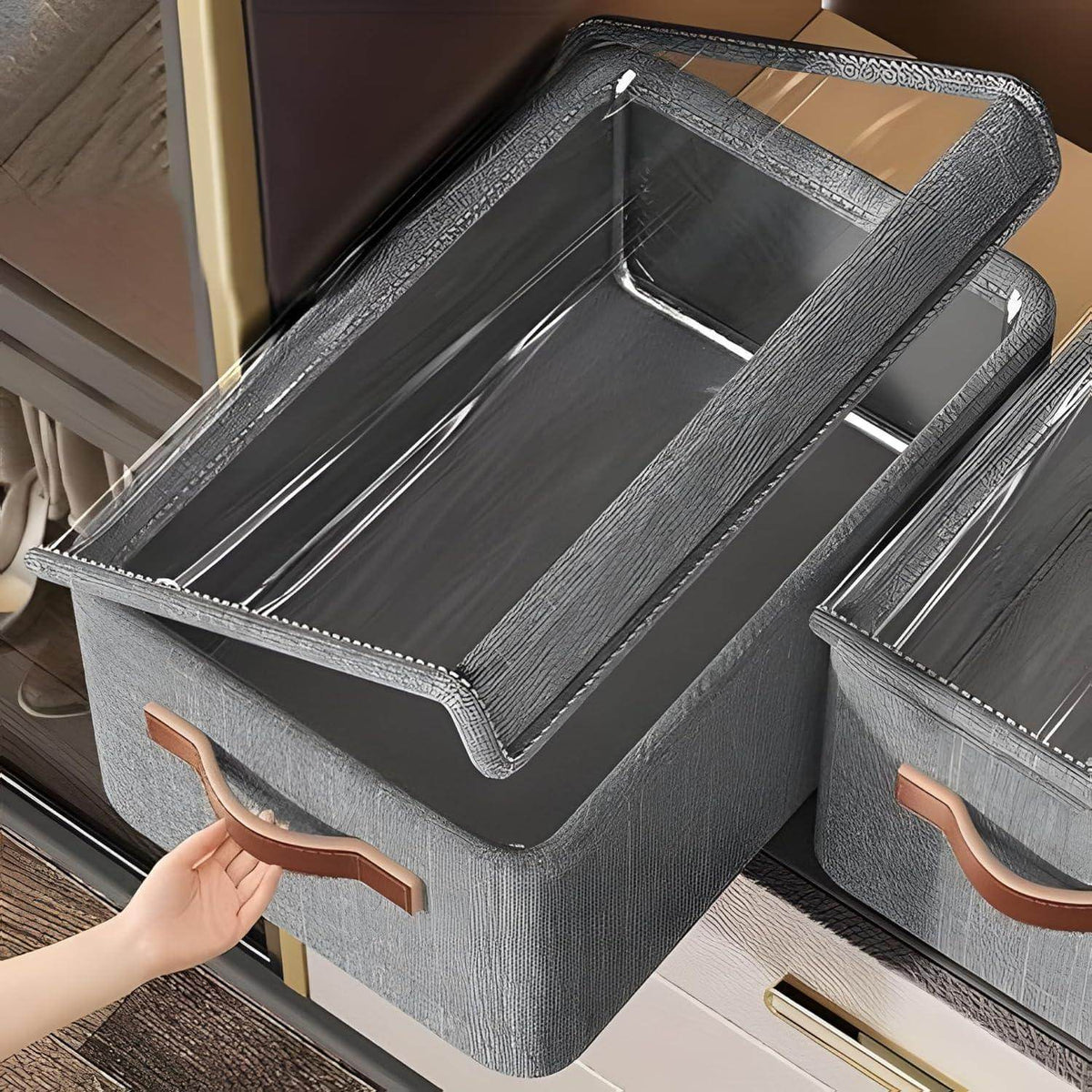 Storage Box with Lid, Large Clear Collapsible Stackable Storage Box, Foldable Fabric Linen Storage Boxes Cube, Dust Proof Closet Organizer Baskets for cabord under bad storage - (1 Pc)