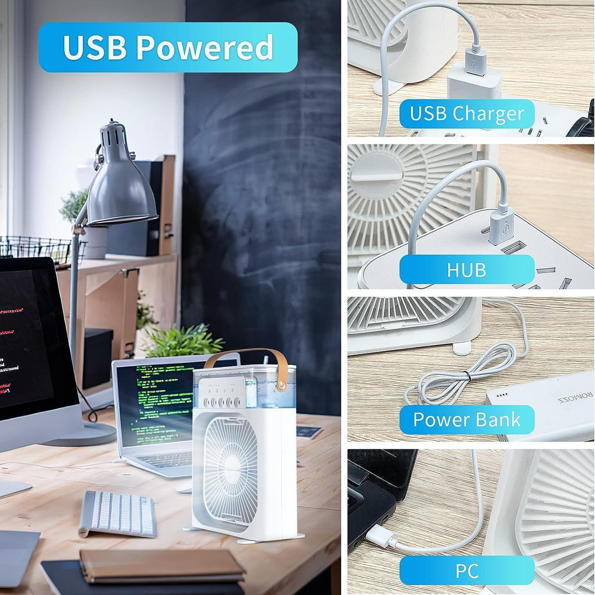 Portable Mini Air Conditioner – Quiet & USB Powered Personal Cooler with 3 Smart Speeds, 360° Adjustable Airflow & Timer for Home, Office & More