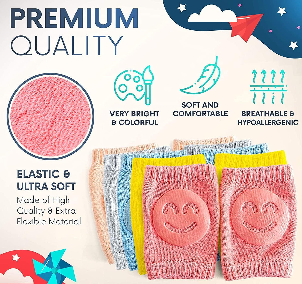 Baby Smiley Knee Pads for Crawling – Anti-Slip Elastic Cotton Knee & Elbow Safety Protectors (Random Color)