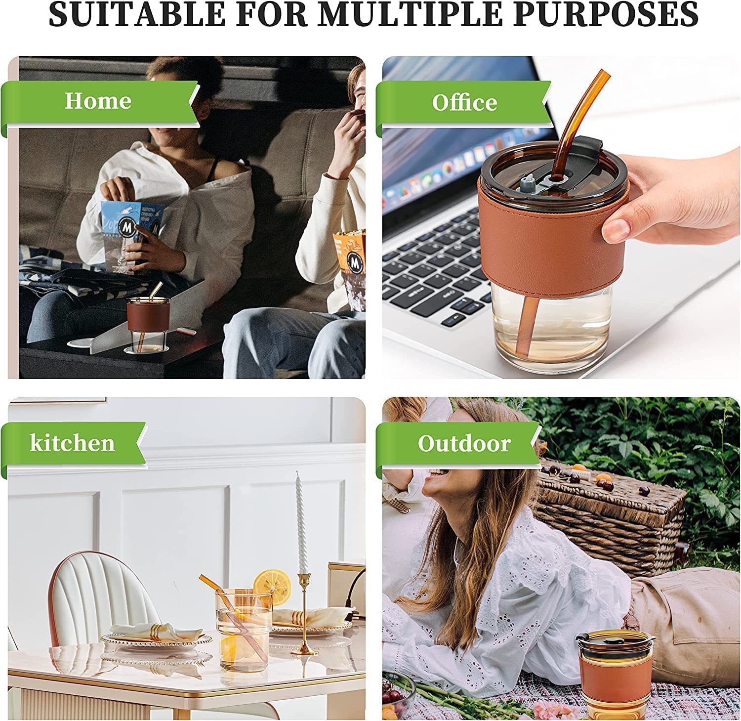 Glass Mug with Straw and Cover, 400 ml Capacity | Leakproof Glass Coffee Mug with Silicone Straw and Lid Tumbler