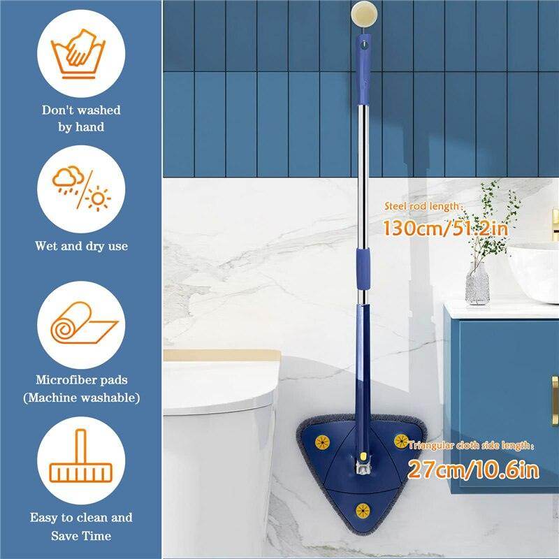 360 Degree Rotatable Adjustable Triangle Cleaning Mop with Stainless Steel Long Handle Push-Pull Squeezing Cleaning Mop Dry & Wet Mop Floor Windows Ceiling