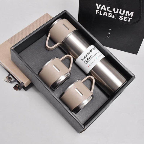 Latest Steel Vacuum Flask Set with 3 Stainless Steel Cups Combo - 500ml - Keeps HOT/Cold | Ideal Gift for Winter - Housewarming Random Color
