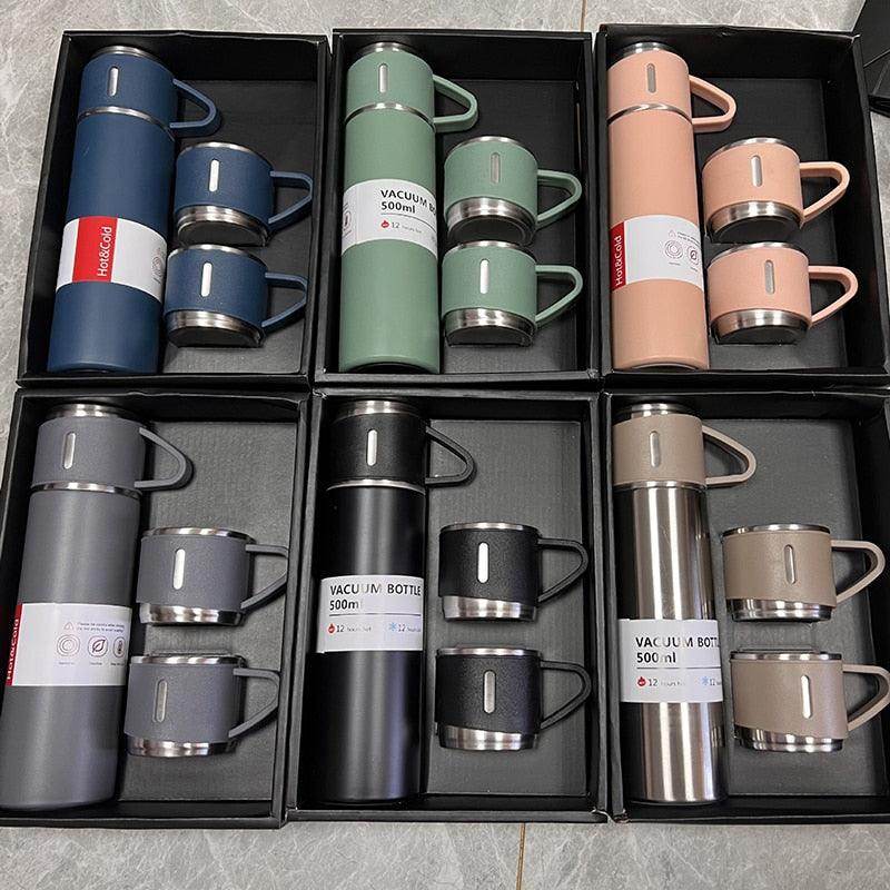Latest Steel Vacuum Flask Set with 3 Stainless Steel Cups Combo - 500ml - Keeps HOT/Cold | Ideal Gift for Winter - Housewarming Random Color