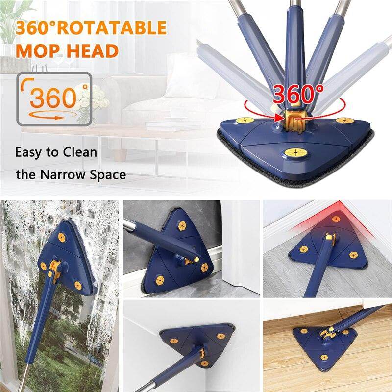 360 Degree Rotatable Adjustable Triangle Cleaning Mop with Stainless Steel Long Handle Push-Pull Squeezing Cleaning Mop Dry & Wet Mop Floor Windows Ceiling