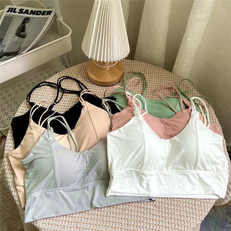 Bra For Women Ice Silk Tube Tops Soft Breathable Underwear Push Up Suspender Brassreie Camisole Female Casual Vest Crop Top Pink