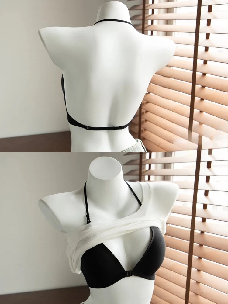 Women 3 Ways Wear Halter Beauty Back Bra Summer Thin Strap Wireless Side Collect Support Anti-Sag Soft Padded Daily Lingerie