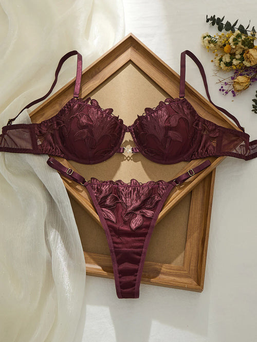 Brownish RedBra Set Double Layer Design No Skin Irritation Comfortable Underwear Women's Fashion Color Block Bralette