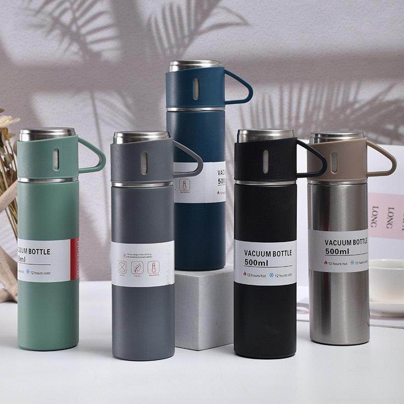 Latest Steel Vacuum Flask Set with 3 Stainless Steel Cups Combo - 500ml - Keeps HOT/Cold | Ideal Gift for Winter - Housewarming Random Color