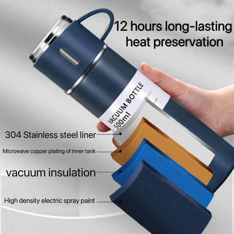 Latest Steel Vacuum Flask Set with 3 Stainless Steel Cups Combo - 500ml - Keeps HOT/Cold | Ideal Gift for Winter - Housewarming Random Color