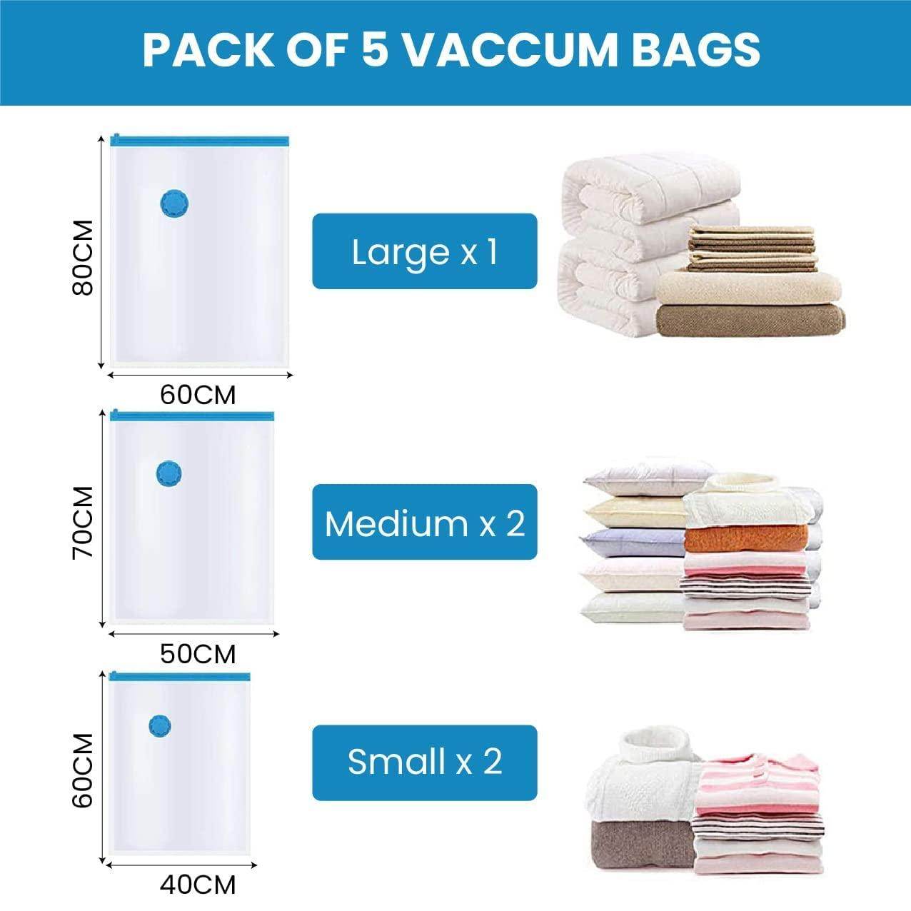 Reusable Vacuum Storage Ziplock Compression Sealer Bags for Travel clothes and home Blankets, Quilts with hand Pump - (Standard Pack of 5 (2 Small + 2 Medium + 1 Large)