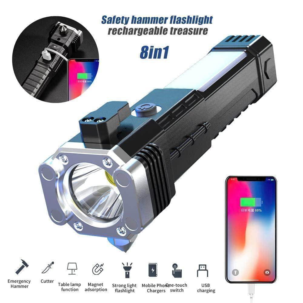 Portable Rechargeable Torch LED Flashlight Long Distance Beam Range with Power Bank, Hammer and Strong Magnets,