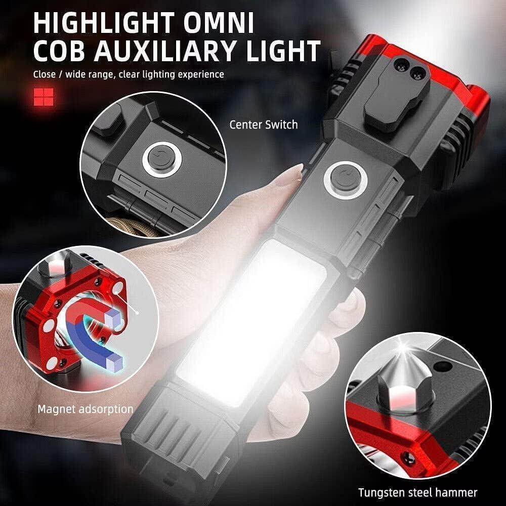 Portable Rechargeable Torch LED Flashlight Long Distance Beam Range with Power Bank, Hammer and Strong Magnets,
